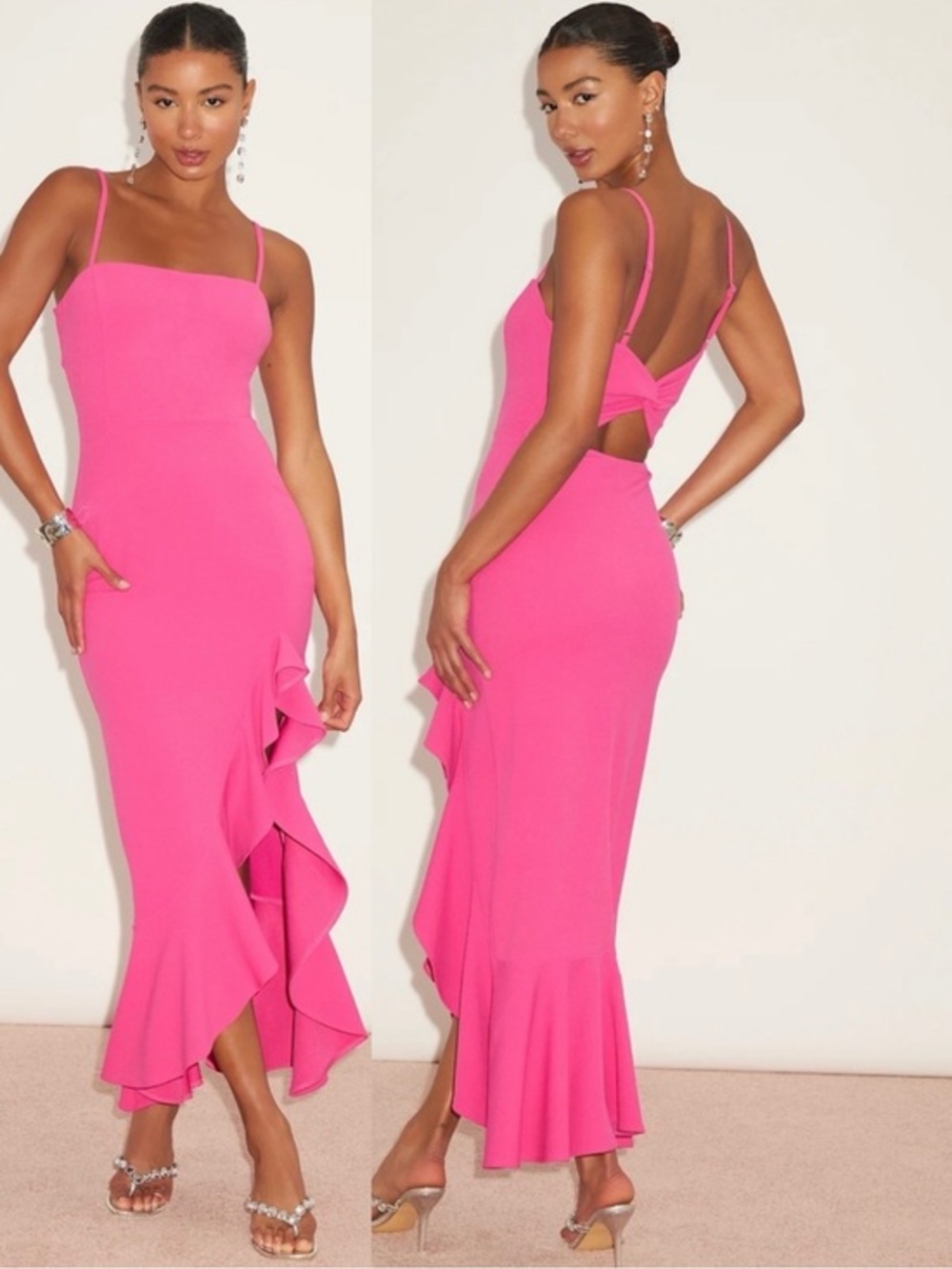 NWT Lulu’s Iveta Fuchsia Cutout Ruffled Sleeveless Midi Dress Medium Bodycon